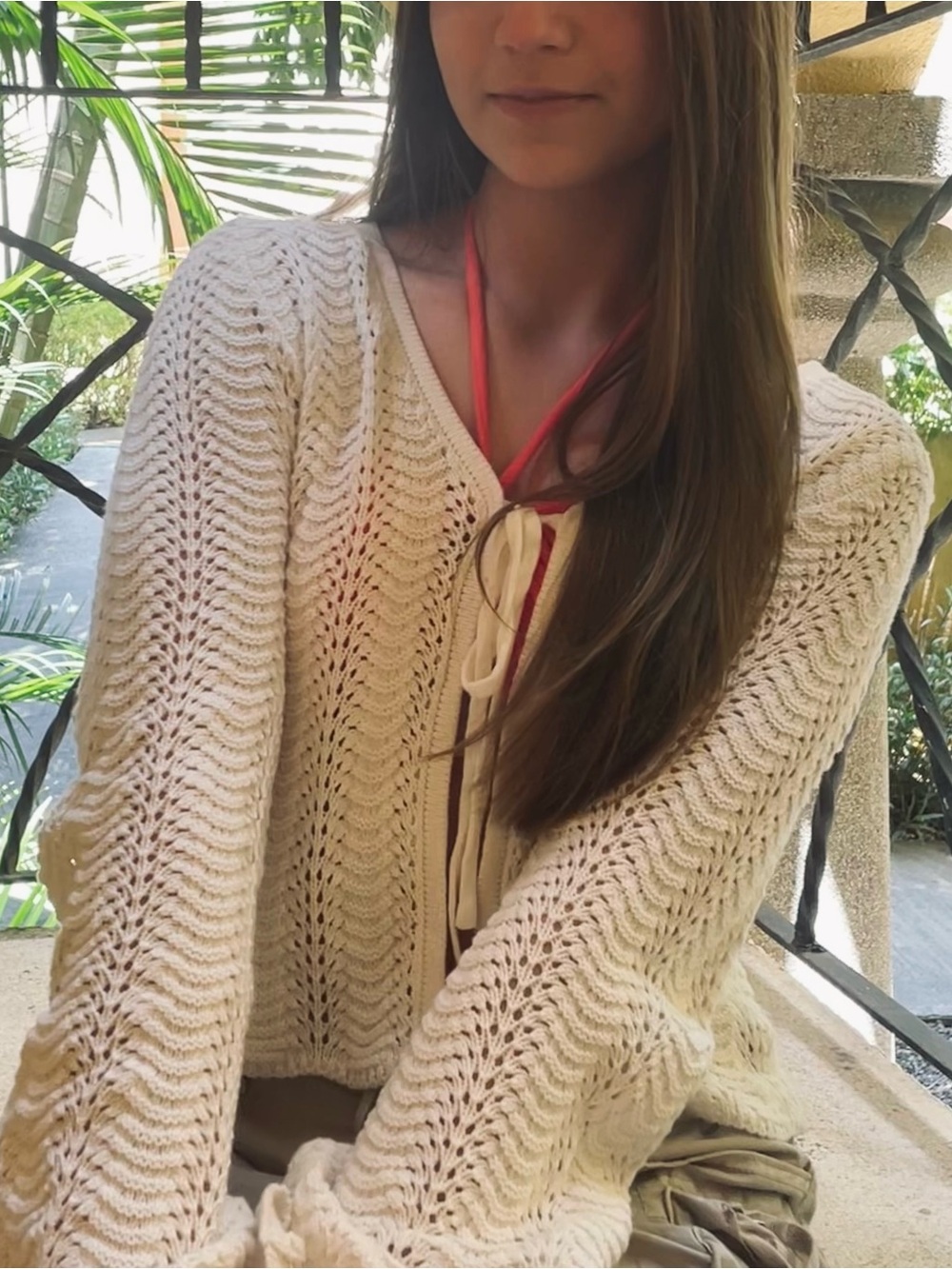 Pink Rose White Open-Weave Tie-Front Cropped Sweater